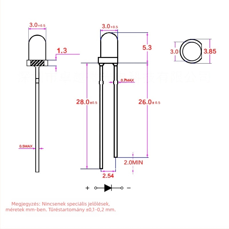 3 mm LED közvetlen csatlakozással, modell F3, színek: piros, kék, lila, smaragdzöld, rózsaszín, narancs, sárga-zöld; hosszú és rövid lábak