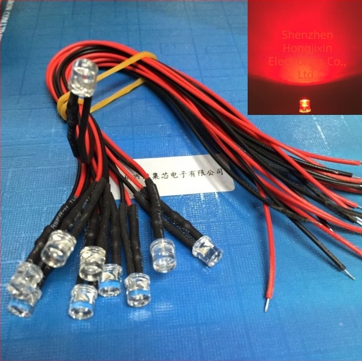 5 mm-es lapos fejű LED gyöngyök piros éllel, ultranagy fényerő, 20 cm hosszú kábel