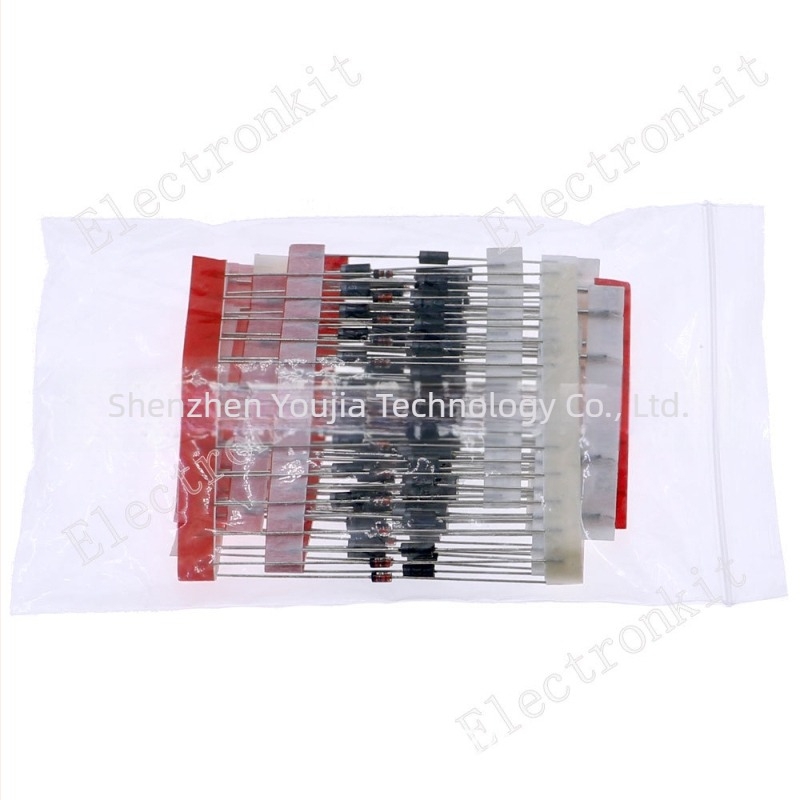 100 darabos nyolctípusú through-hole diode készlet, tartalmazza a 1N4148, 1N4007, FR107, 1N5408 és 1N5822 típusokat