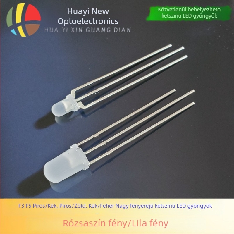 F3 piros-zöld két színű LED közös anóddal, F5 piros-kék két színű LED közös katóddal, 3 mm-es két színű LED gyöngyök