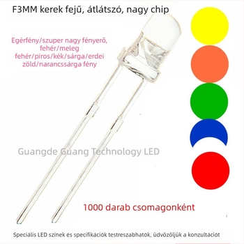 3mm többszínű LED gyöngy, F3, lyukas LED, színek: fehér, piros, kék, sárga, zöld, narancs, smaragdzöld