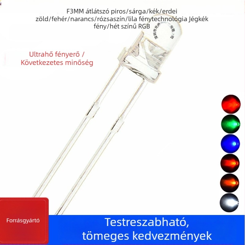 3mm többszínű LED gyöngy, F3, lyukas LED, színek: fehér, piros, kék, sárga, zöld, narancs, smaragdzöld