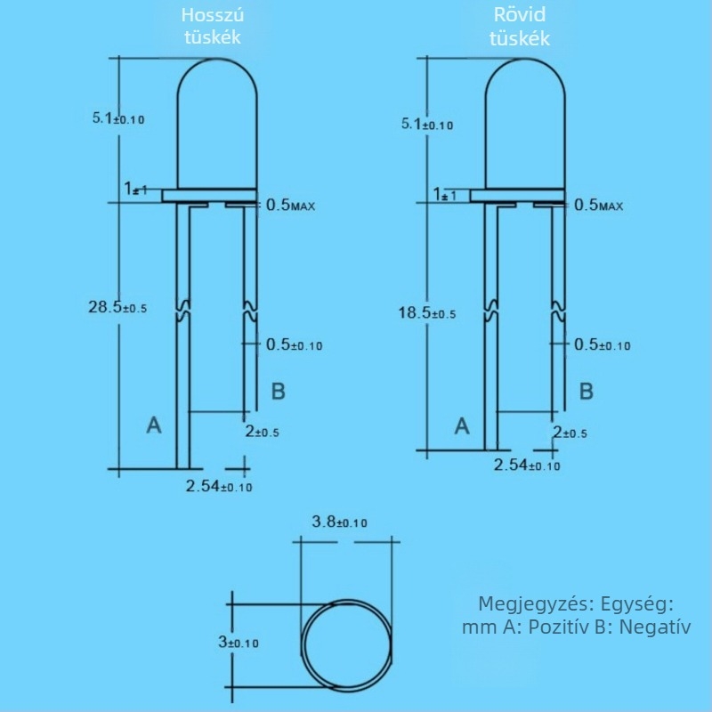 LED gyöngy közvetlen csatlakoztatással, kerek fej, F3 3 mm LED, színek: fehér, kék, piros, zöld