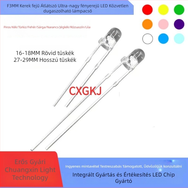 LED gyöngy közvetlen csatlakoztatással, kerek fej, F3 3 mm LED, színek: fehér, kék, piros, zöld