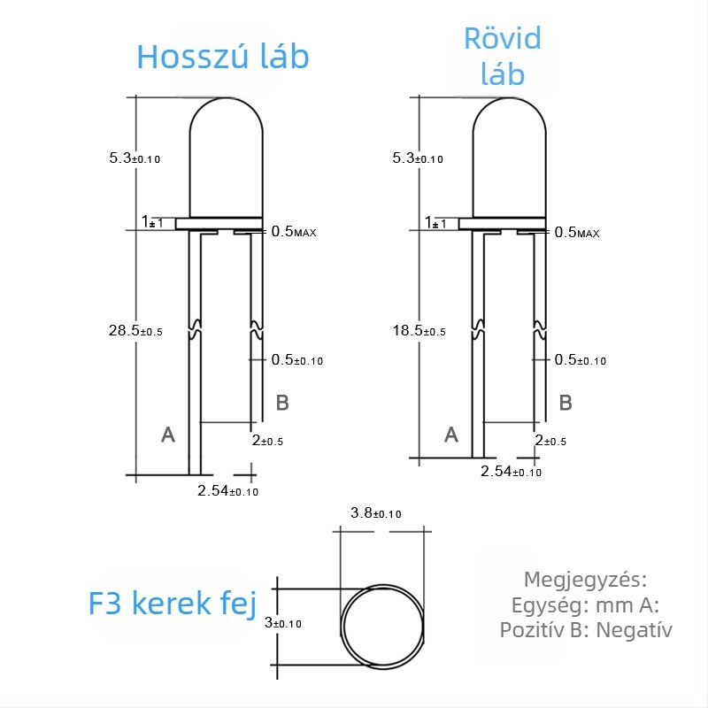 F3 diffúz LED gyöngyök, 3 mm kerek fej, egyenes csatlakozó, piros, sárga, kék, zöld és fehér, nagy fényerő LED