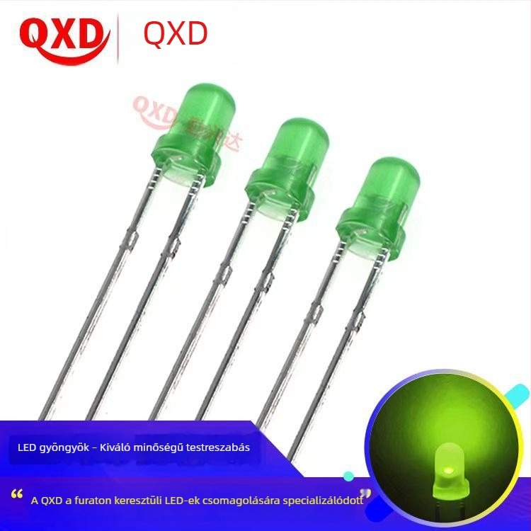 3 mm-es LED, egyenes csatlakozás, F3, sárga-zöld szín, gömbfejű LED gyöngy