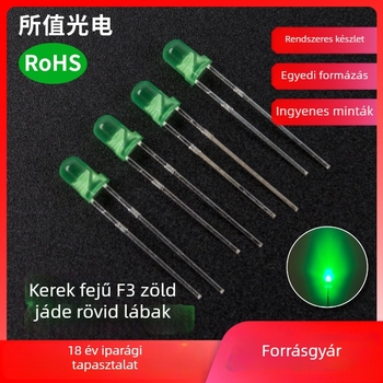 F3 kerek fejű zöld LED gyöngy, 3 mm dugós jelző LED oldalsó rövid lábakkal