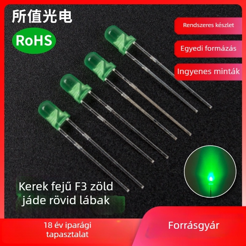 F3 kerek fejű zöld LED gyöngy, 3 mm dugós jelző LED oldalsó rövid lábakkal