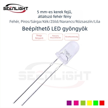 5mm LED gyöngyök F5, fehér fény; színek: fehér, piros, sárga, kék, zöld, narancs, rózsaszín, lila; through-hole LED-ek