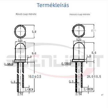 5mm LED gyöngyök F5, fehér fény; színek: fehér, piros, sárga, kék, zöld, narancs, rózsaszín, lila; through-hole LED-ek