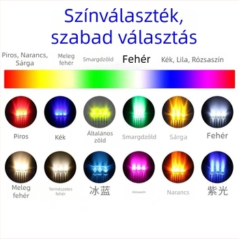5mm LED gyöngyök F5, fehér fény; színek: fehér, piros, sárga, kék, zöld, narancs, rózsaszín, lila; through-hole LED-ek