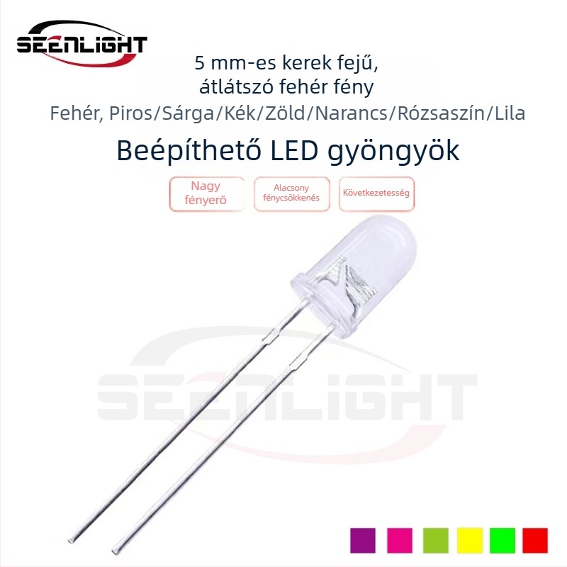 5mm LED gyöngyök F5, fehér fény; színek: fehér, piros, sárga, kék, zöld, narancs, rózsaszín, lila; through-hole LED-ek