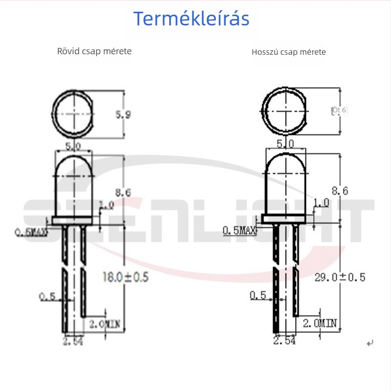 5mm LED gyöngyök F5, fehér fény; színek: fehér, piros, sárga, kék, zöld, narancs, rózsaszín, lila; through-hole LED-ek