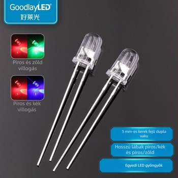 Haolaiguang 5 mm-es LED gyöngyök, átlátszó, kerek fejű, hosszú lábú, piros-kék dupla villanás, piros-zöld ciklus