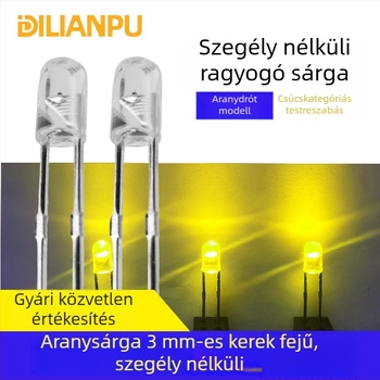 F3 él nélküli 3 mm LED gyöngy – aranysárga (citromsárga), 2.8–3.0V