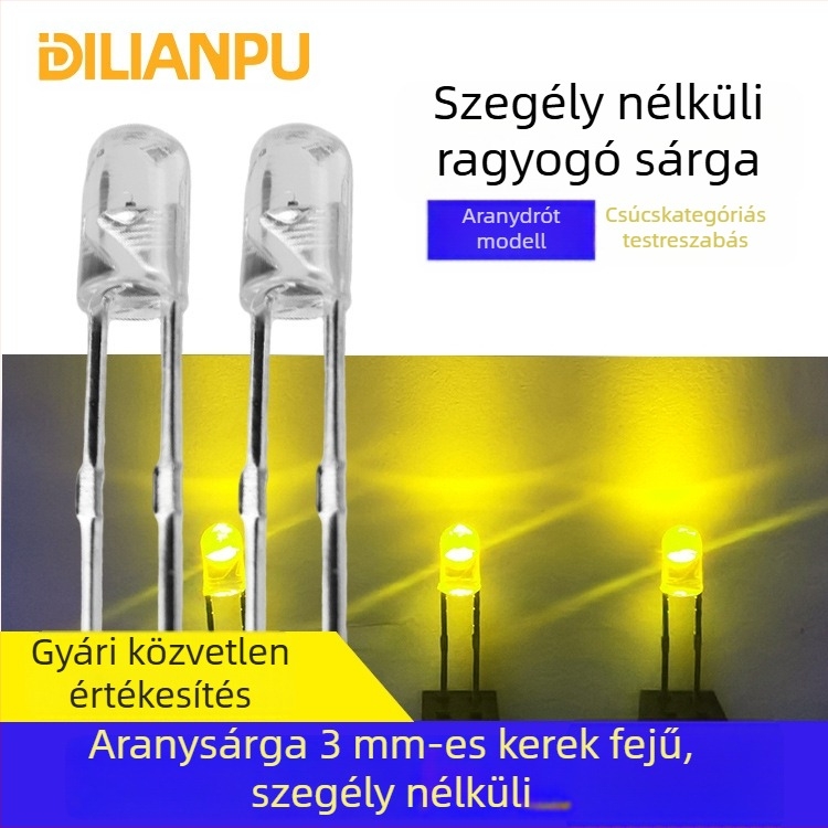 F3 él nélküli 3 mm LED gyöngy – aranysárga (citromsárga), 2.8–3.0V