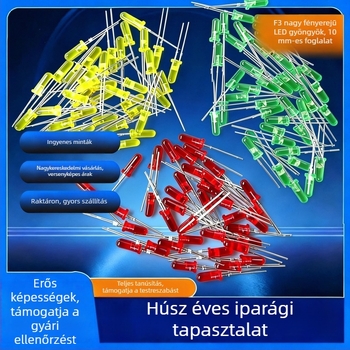 F3 piros LED jelzőfény, magas fejű, 3×10 mm, lyukon át szerelés