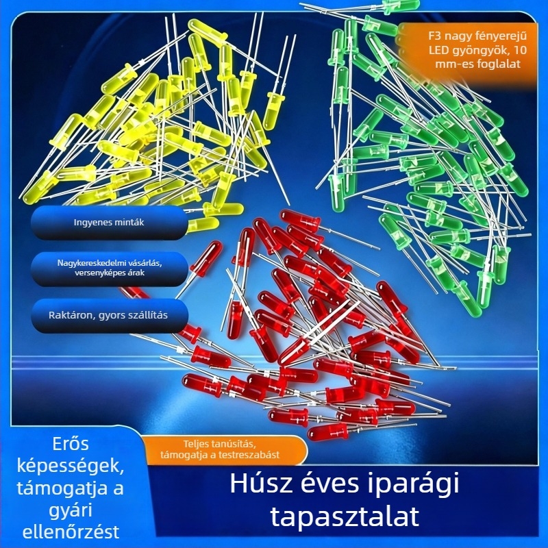 F3 piros LED jelzőfény, magas fejű, 3×10 mm, lyukon át szerelés