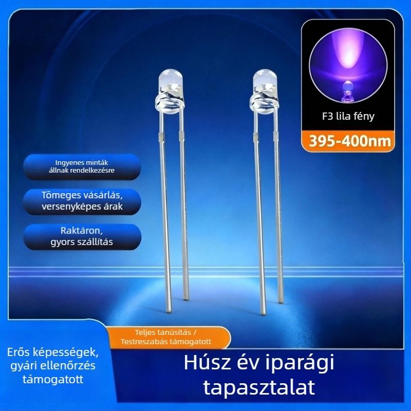 F3 Lila UV LED gyöngyök a pénz detektálásához, dugaszolható 3 mm LED, 395 nm szúnyogcsalogató