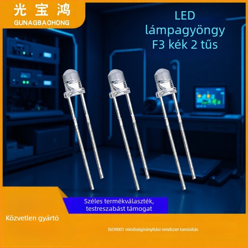 3 mm kék LED gyöngy, kör fej, magas fényerő, rövid láb