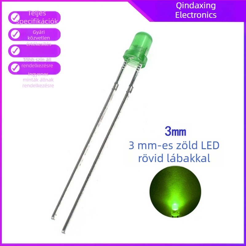 F3 zöld LED gyöngy, 3 mm, háromchip zöld, egyenes láb, dugóba illesztett, általános fényerő