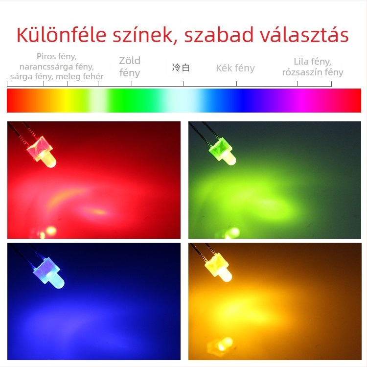 2 mm-es LED gyöngy, egyenes bemenettel, átlátszó, piros/zöld/kék/fehér, hosszú lábú, modell F2