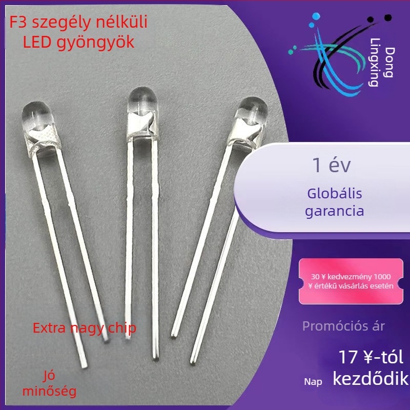 3 mm él nélküli LED gyöngyök, F3 modell, fehér/kék/sárga/zöld, sapka nélküli LED