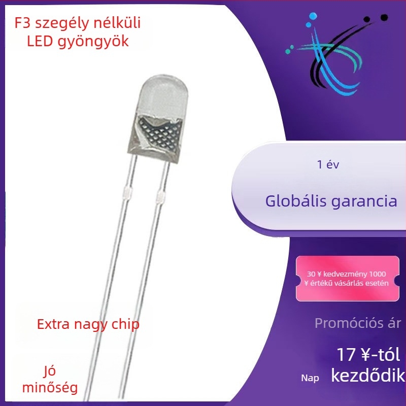 3 mm él nélküli LED gyöngyök, F3 modell, fehér/kék/sárga/zöld, sapka nélküli LED