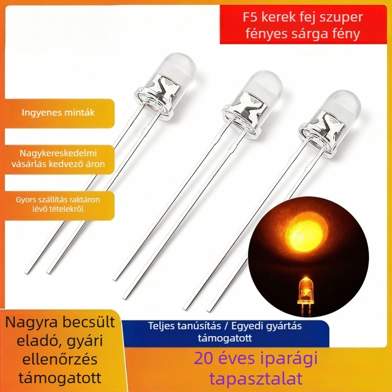 5mm sárga LED gyöngy, F5 kör fejű, forgalomirányító és riasztó fényekhez