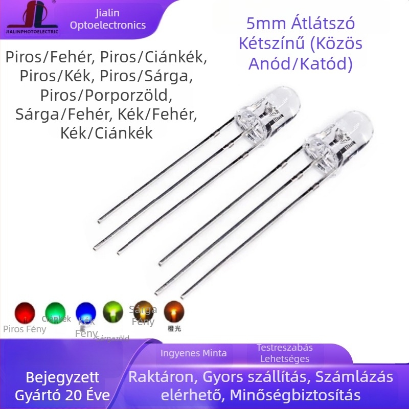 5mm kétszínű LED gyöngyök, piros-zöld, átlátszó lencse, közös anód és közös katód, közvetlen csatlakozás