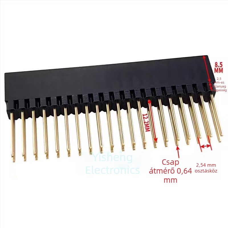 PC104 2x20 tűs női csatlakozó, dupla sor, 2,54 mm-es közép, hosszabbított tűk, tű hossza 12,2 mm, műanyag magassága 8,3 mm