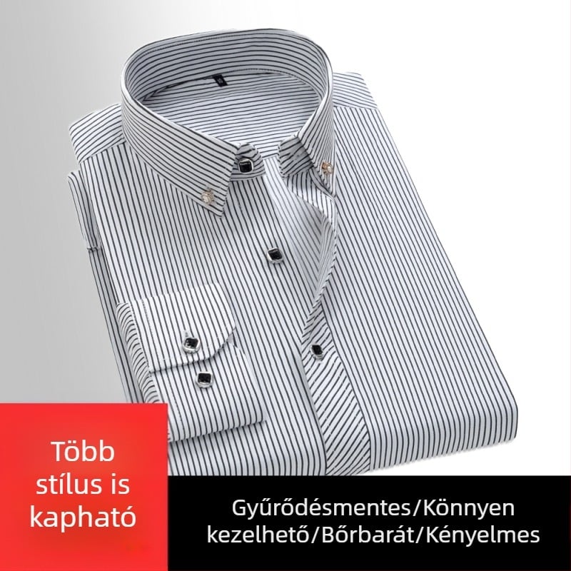 Fiatalos üzleti casual ing, hímzett, széles csíkos mintával, hosszú ujjú, vasalásmentes