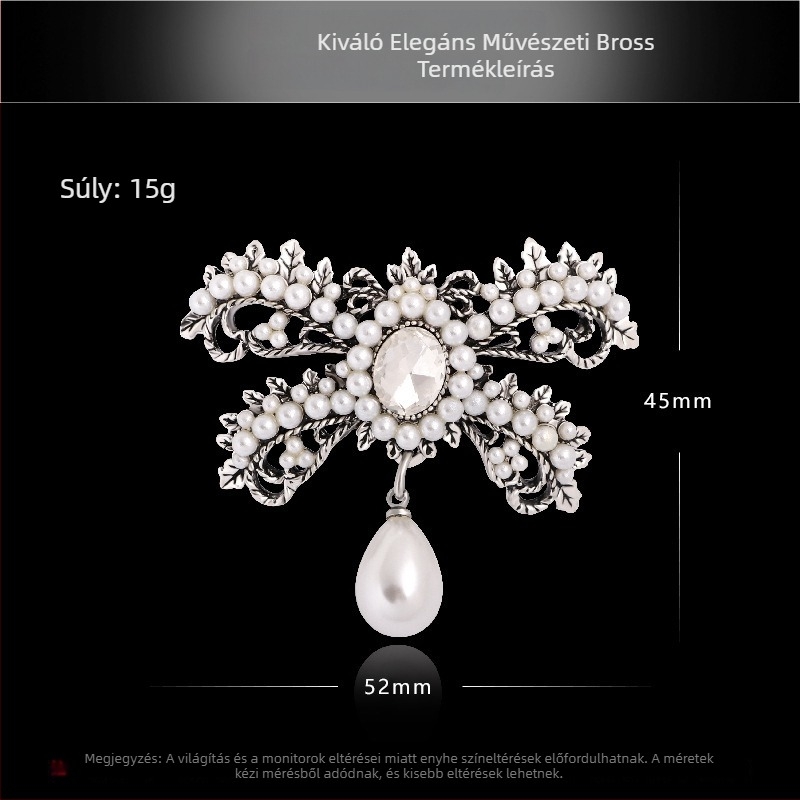Ötvözetből készült masni alakú brooch gyémánt- és gyöngydíszítéssel, aranyos vintage kiegészítő lányoknak