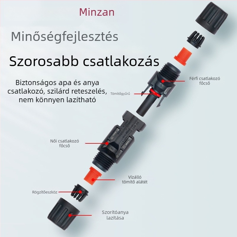 MC4 fotovoltaikus csatlakozó készlet: férfi és női dugó, IP67 vízálló, napelemes modulhoz és PV panelhez