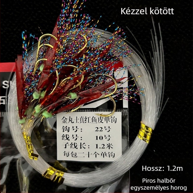 1.2 m Vörös valódi halbőrrel készült egyetlen horog, biomimikus vörös halbőrrel, tengeri horgászathoz, 20 darab