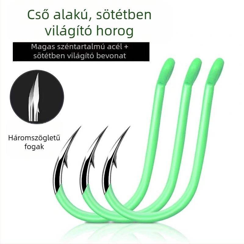 Fénylő cső alakú horog kampóval és gyűrűvel tengeri horgászathoz – erős sárga horog