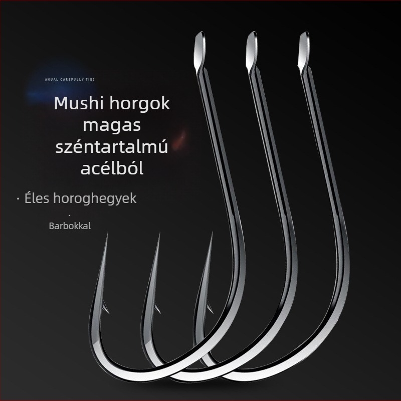 Fekete, magas széntartalmú acélból készült horgászhorog görbült szájszájú és tövises