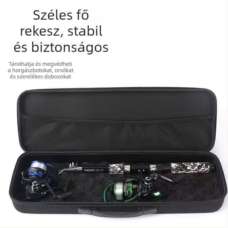 ütésálló, keményhéjú horgász felszerelés táska, hely a horgászbotnak és orsónak, vízálló, hordozható utazótáska