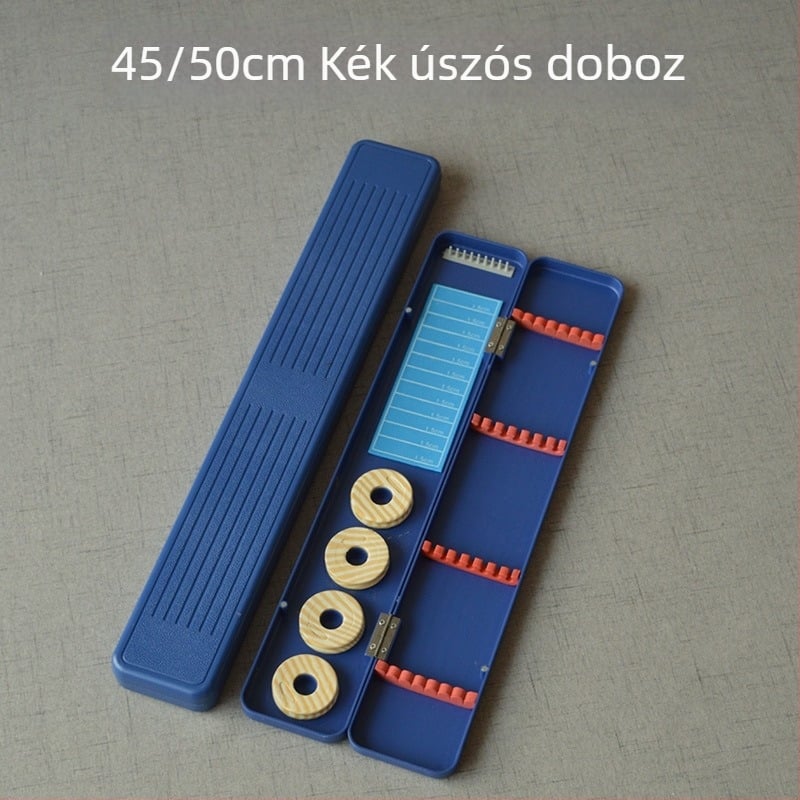 Kék színű, többfunkciós damil tároló doboz, rekeszek a fő- és mellék damil számára, méretek 51×45 cm