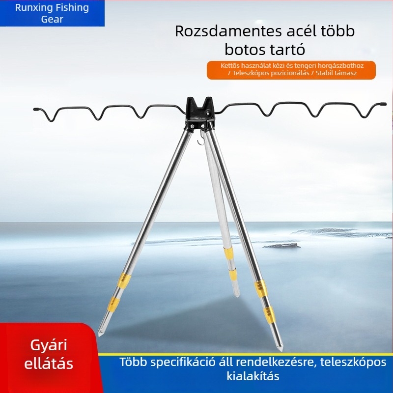 Rozsdamentes acélból készült háromlábú tartó több horgászbothoz
