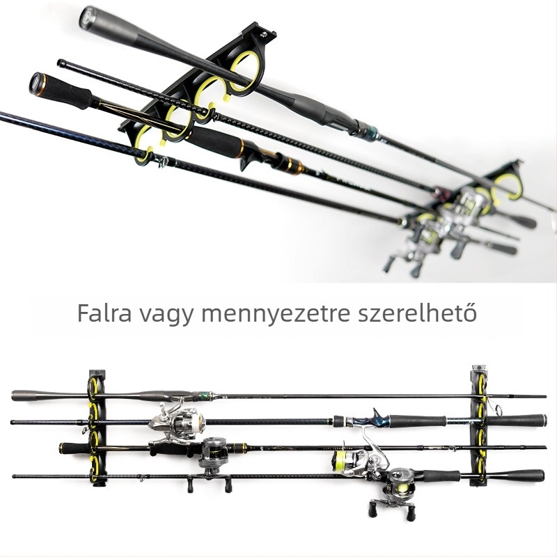 Gumi bevonatú horgászbot tartó, vízszintes és felső szerelésű, 8 rekesz a tároláshoz és bemutatáshoz.