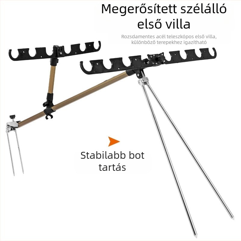 Horgász tripod alumínium ötvözetből, földbe szúrható talppal, szélvédett dupla bottartó, kézi és tengeri használatra