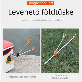 Rozsdamentes acél horgászbot állvány torony típusú tartóval, földbe süllyeszthető; hordozható horgász doboz és ülőhely kültéri használatra