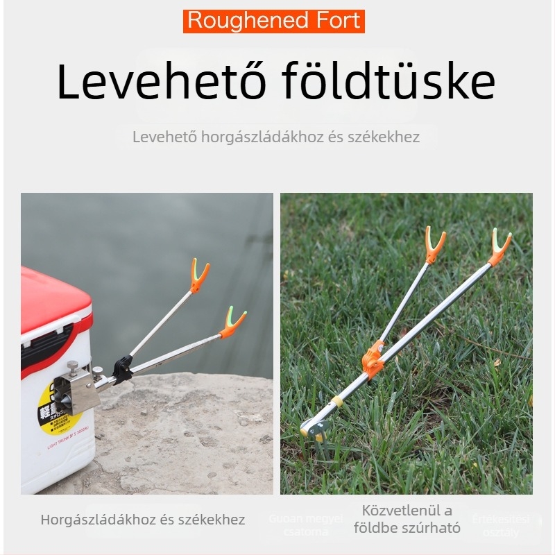 Rozsdamentes acél horgászbot állvány torony típusú tartóval, földbe süllyeszthető; hordozható horgász doboz és ülőhely kültéri használatra