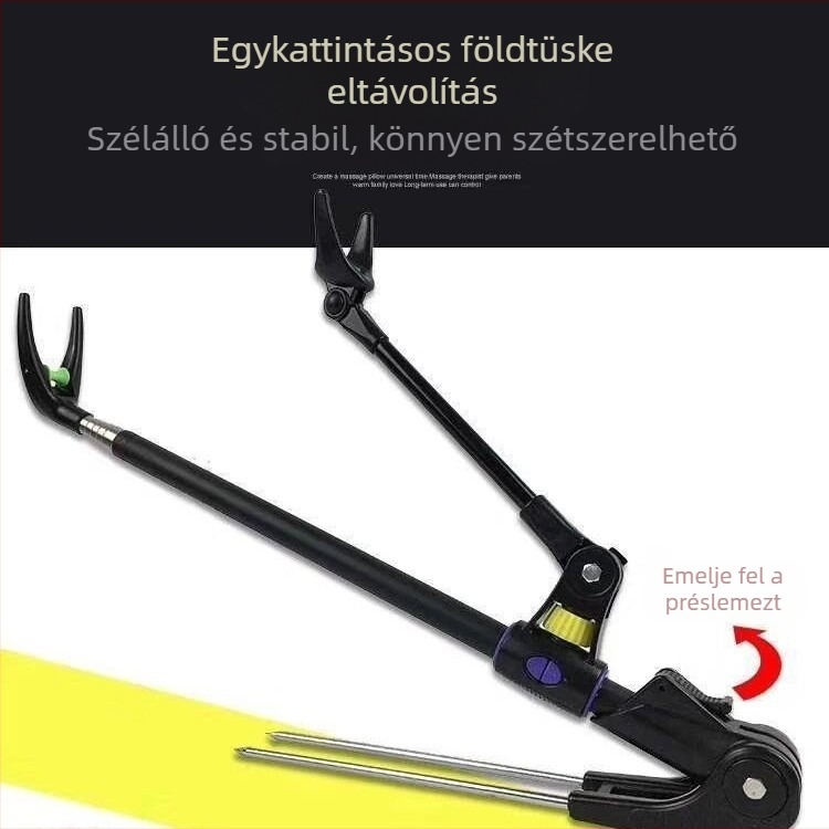 Rozsdamentes acélból készült horgászbot tartó talppal, doboz és szék