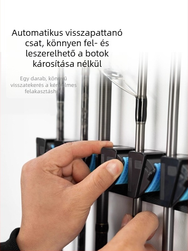 Fali horgászbot kiállító és tároló állvány lyukasztás nélkül, gyorszáras csattok a műcsalikhoz