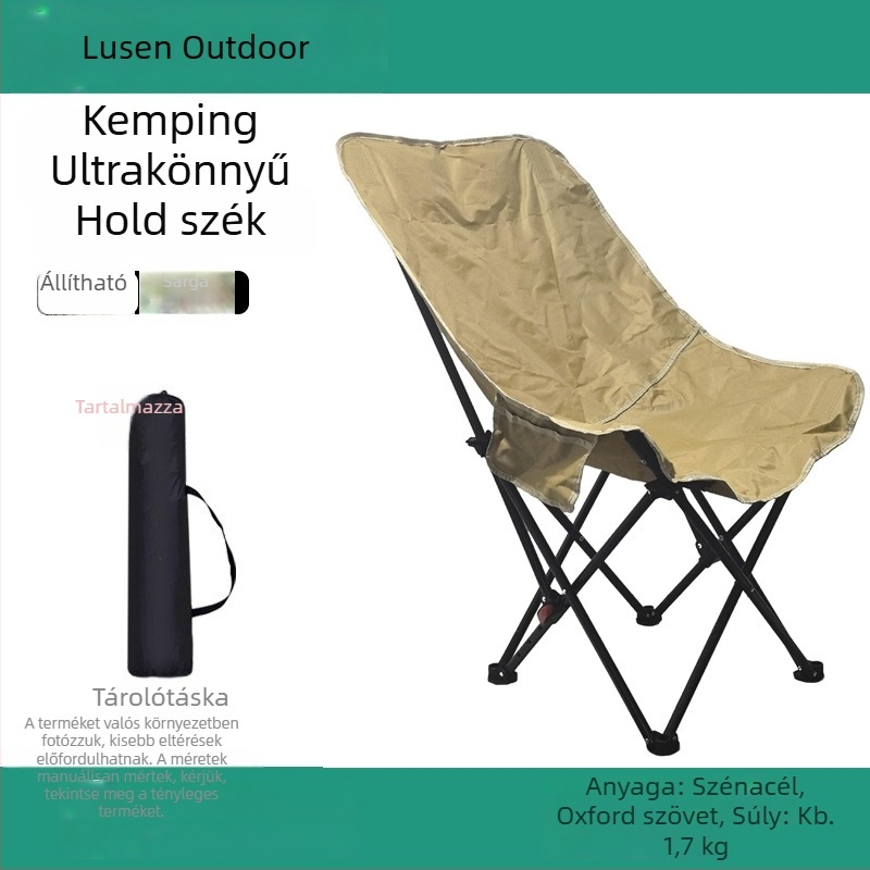 Kültéri összecsukható Moon szék – rekreációs ülő és fekvőhely kempingezéshez, horgászathoz és a parton; dupla funkció, művészeti vázlatokhoz.