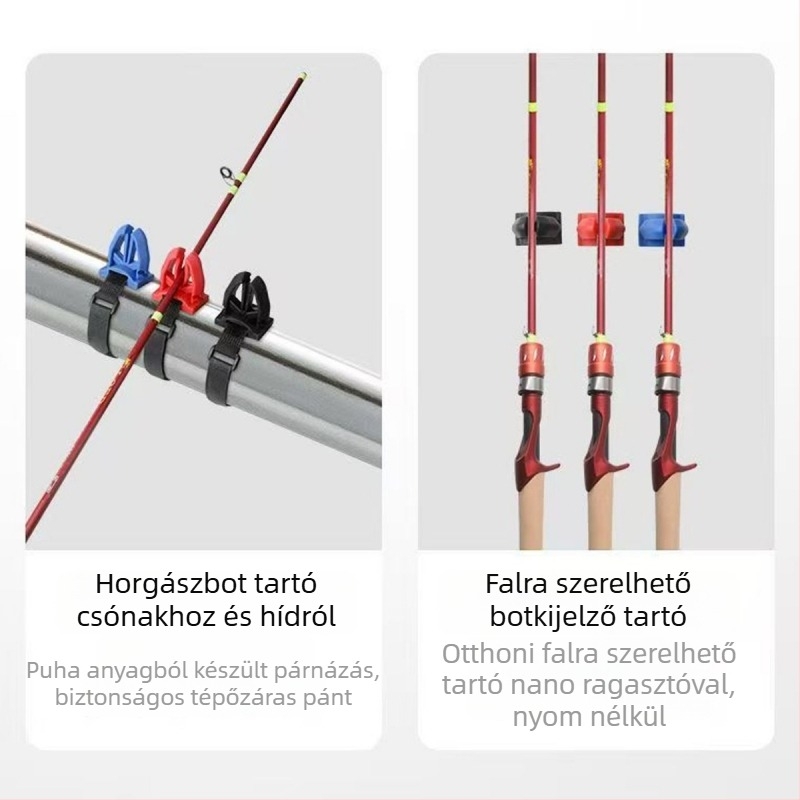 Fali szerelésű horgászbot kiállító- és tároló polc, lyukasztás nélkül