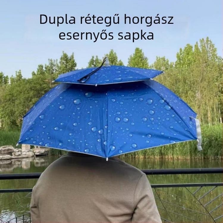 Horgászati esernyő sapka – összecsukható fejre illeszthető parasol, napvédelem és esőálló, két rétegű