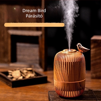 Dream Bird USB párásító irodába és otthonra, kompakt fa mintázatú dizájn, egy permetkimenet, hangulatvilágítás, kétfunkciós párásító